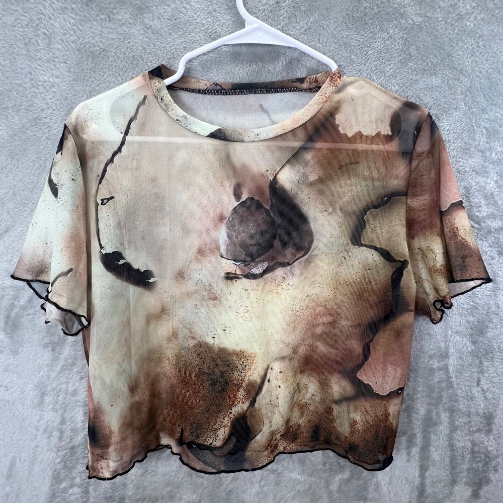 Grunge Indie 2XL Abstract Mesh Crop Top Brown Tan Sheer Lettuce‎ Edge Tee Goth